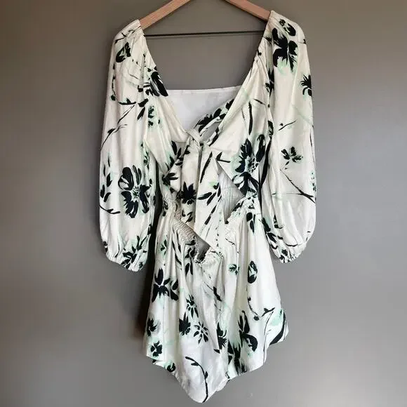 NWT Tanya Taylor‎ Stevie Romper Size Small Floral Linen Square Neck Puff Sleeve